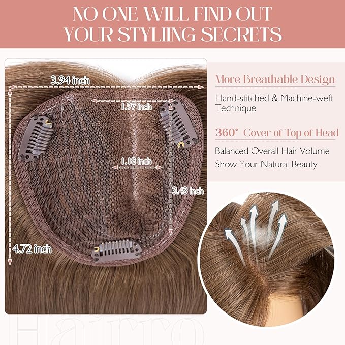 Hairro 100% Human Hair Topper No Bangs, Real Clip in Hair Hairpieces for Women, 3.94x4.72" Silk Base for Thinning Receding High Hairline, 10 Inch Mocha Brown Side Part