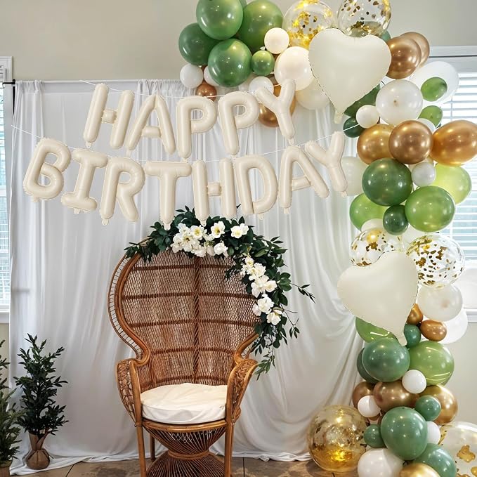 Happy Birthday Balloon Banner Cream Green, 16 Inch Beige Mylar Letters Heart - Image 6