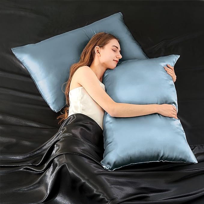 INFIIXSO Silk Pillow Cases 2 Pack Standard Size, Ultra Smooth & Soft Mulberry Silk Pillow Case for Hair and Skin, Breathable Cooling Silk Pillowcase with Hidden Zipper (Airy Blue, 20x26 Inches)