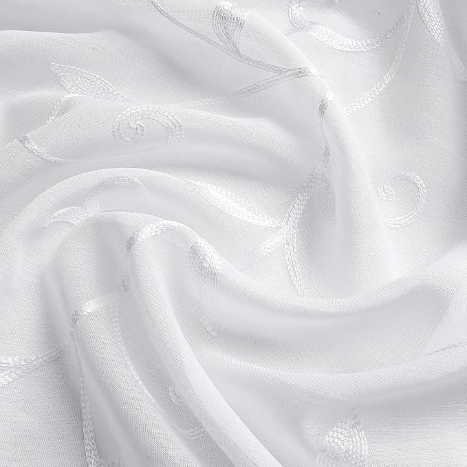 White Sheer Curtains Embroidered Leaves 2 Panels 54Wx63L | Light Filtering - Image 4