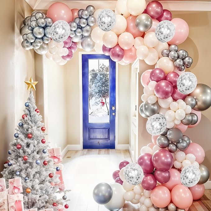 Pink Winter Wonderland Balloons, Metallic pink Silver and Snow Balloon - Image 5