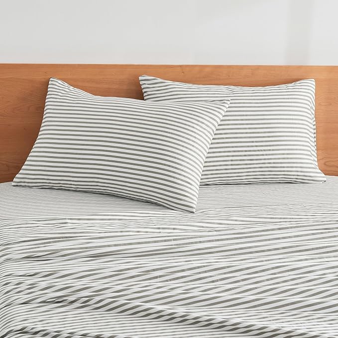 JELLYMONI 100% Natural Cotton Striped Standard Pillowcases Set, 2 Pack White and Grey Stripes Pattern Printed Pillow Covers with Envelope Closure(Pillows are not Included)