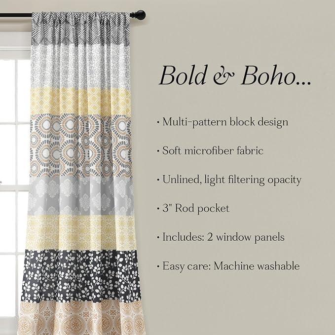 Lush Decor Bohemian Stripe Window Curtain Panels, Pair 52" W x 84" L Yellow & - Image 7