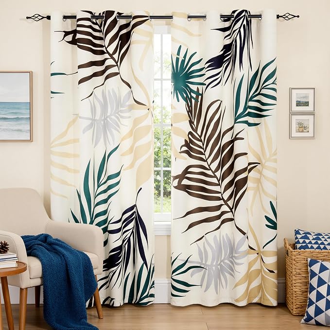 SUBRTEX Boho Leaf Printed Curtains 95 inch Long 2 Panels, Room Darkening - Image 5