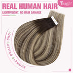YoungSee Human Hair Tape in Extensions Dark Brown Tape in Hair Extensions Human Hair Balayage Tapes ins Human Hair Extension Dark Brown Ombre Ash Blonde Tape-in Hair Silky Straight 20 Inch 20pcs 50g