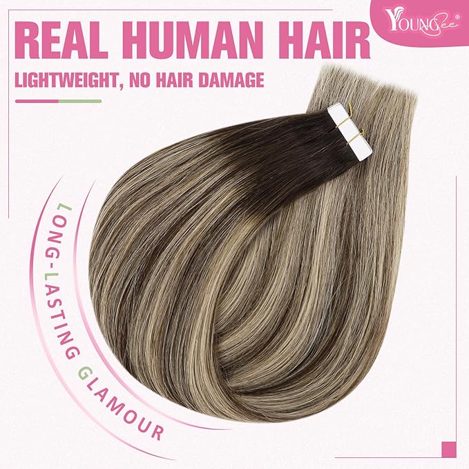 YoungSee Human Hair Tape in Extensions Dark Brown Tape in Hair Extensions Human Hair Balayage Tapes ins Human Hair Extension Dark Brown Ombre Ash Blonde Tape-in Hair Silky Straight 20 Inch 20pcs 50g