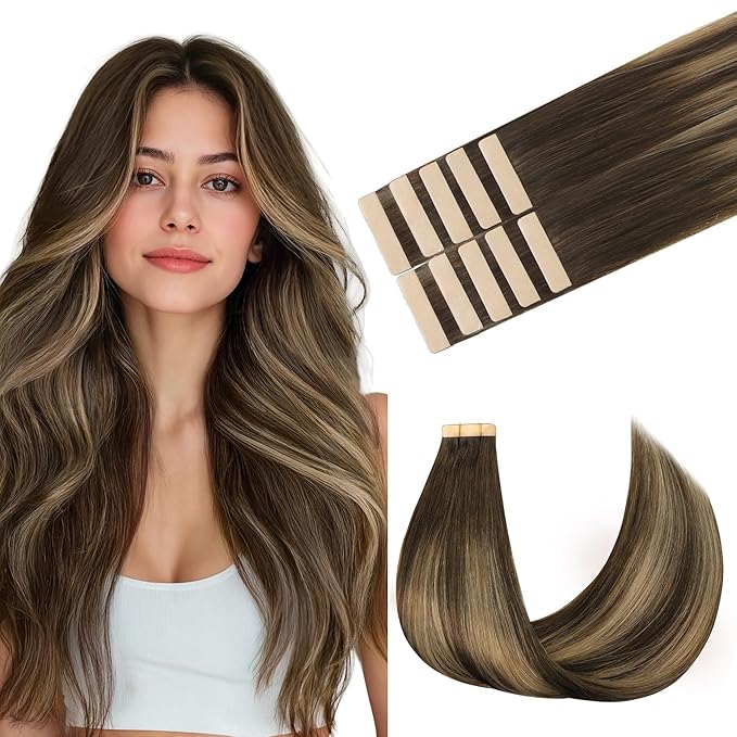 GOO GOO Tape in Hair Extensions Human Hair, 4/27/4 Balayage Chocolate Brown to Caramel Blonde, 24inch 30g 10pcs, Skin Weft Seamless Invisible, Silky Straight with Thick Ends, Remy Human Hair