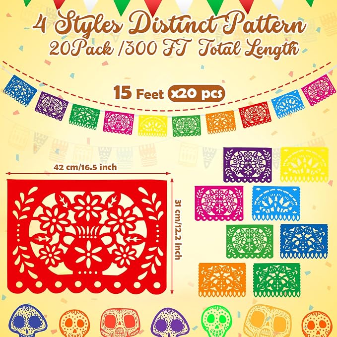 Boao 20 Packs 300 ft Mexican Party Decorations Fiesta Banner Plastic Papel - Image 2