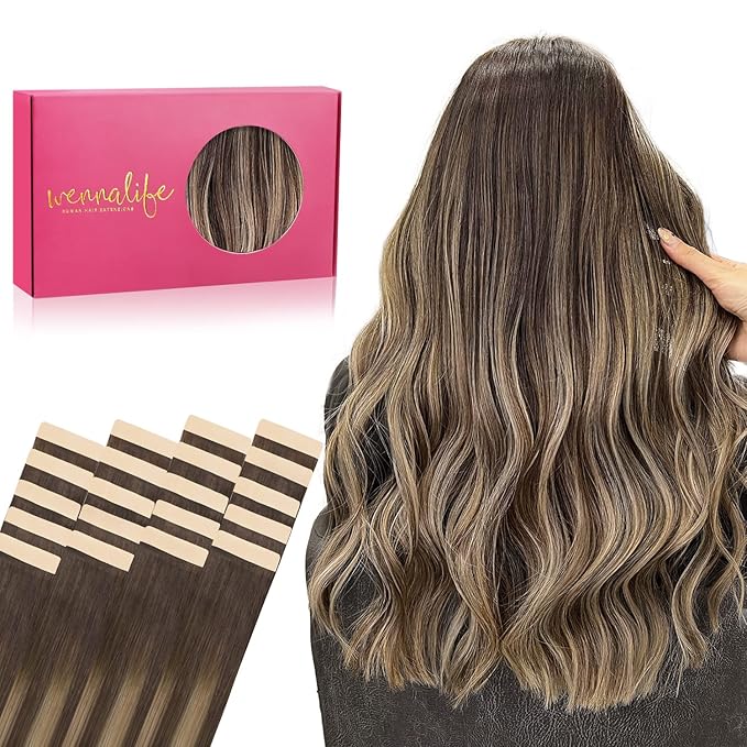WENNALIFE Tape in Hair Extensions, 20pcs 24 Inch 50g Balayage Chocolate Brown to Honey Blonde Remy Human Hair, Coloured Tape Extensions