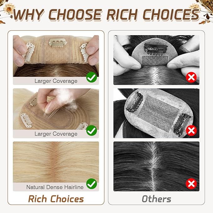 Rich Choices Real Human Hair Toppers for Women With Bang 100% Remy Human Hair Topper for Thinning Hair Clip in Silk Base Hair Topper 16 Inch #613 Bleach Blonde