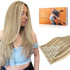 DOORES Human Hair Extensions, Light Blonde Highlighted Golden Blonde 130g 7pcs 16 Inch, Invisible Edge Seamless Clip in Hair Extensions for Women