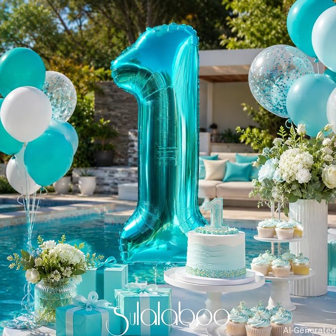 40 Inch Big Teal Blue Number 1 Foil 0-9 Mylar Helium Balloons | Large Digital - Image 2