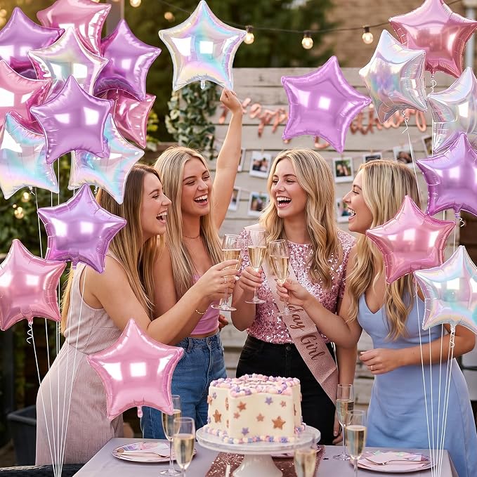 Pink and Purple Star Balloons, 18 Inches Iridescent Star Foil Balloons - Image 7
