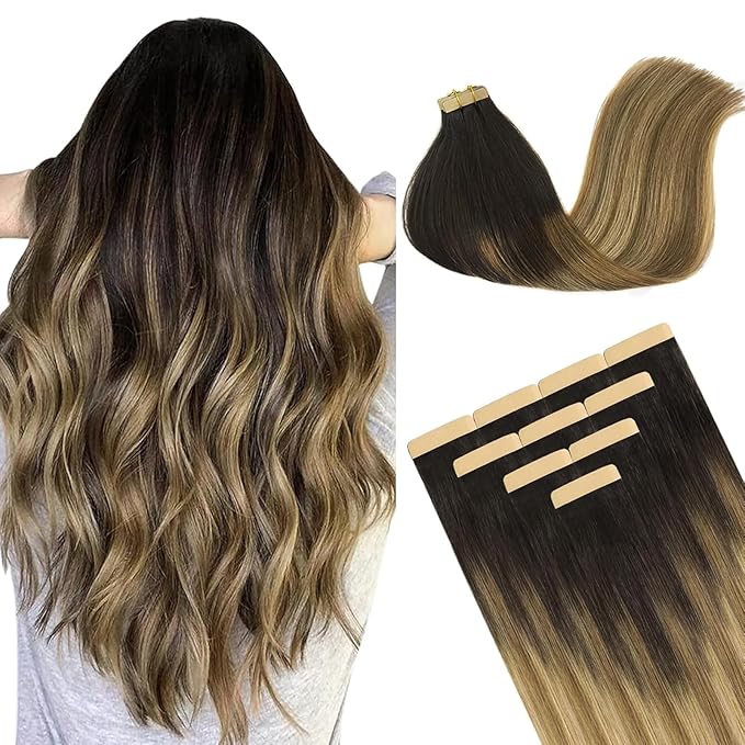 DOORES Hair Extensions Tape in Human Hair, Balayage Dark Brown to Chestnut Brown and Dirty Blonde 10pcs 25g 16 Inch, Tape in Hair Extensions Real Hair Glue in Extensions Straight