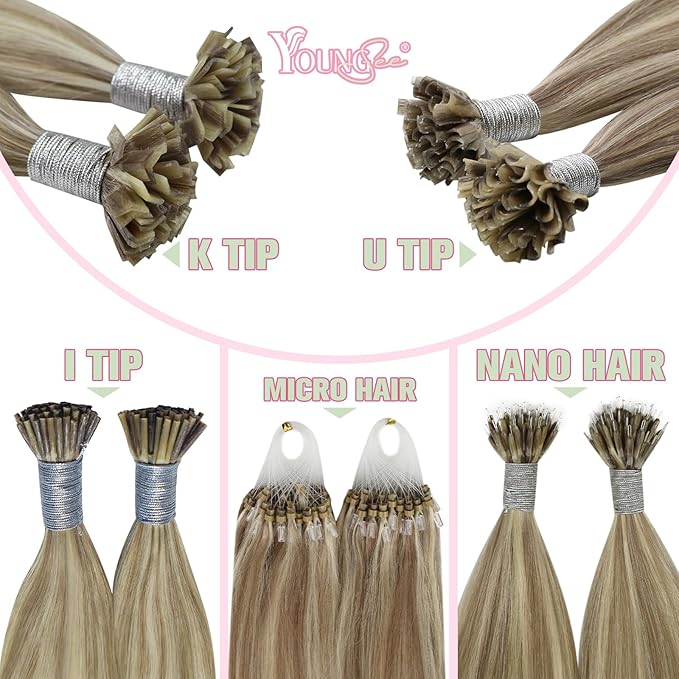 YoungSee K Tip Hair Extensions Real Human Hair Light Brown K Tip Extensions for Women Light Brown Highlight Blonde Hair Extensions K Tip 22in Ktip Hair Extensions Remy Human Hair Straight 50s/50g