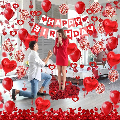 FECEDY Red Happy Birthday Banner Heart-Shaped Aluminum Foil Balloon Round Latex - Image 7
