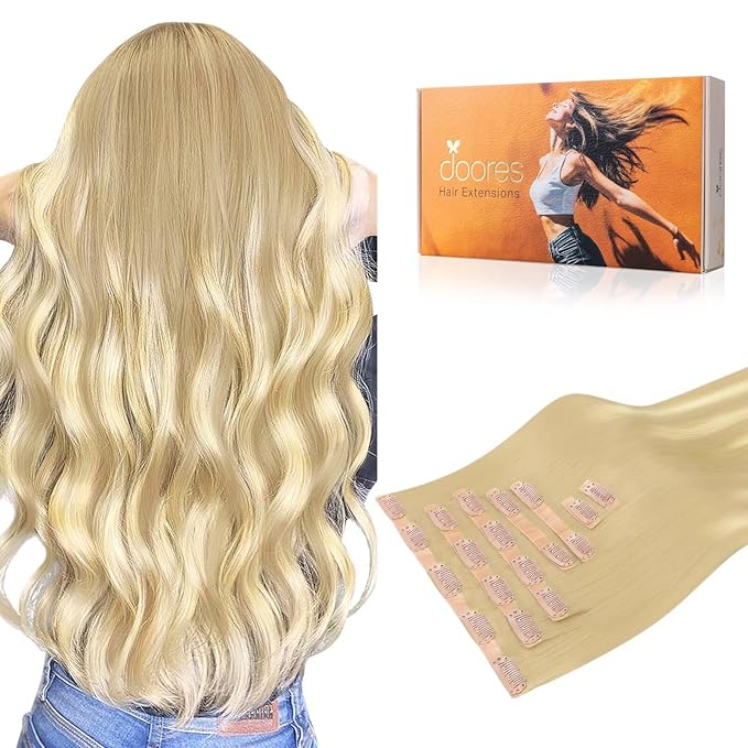 DOORES Seamless Clip in Hair Extensions Human Hair, DirtyBlonde Mixed Platinum Blonde 14 Inch 110g 7pcs, Invisi Edge Hair Extensions Skin Weft Remy Hair Straight Natural Hair