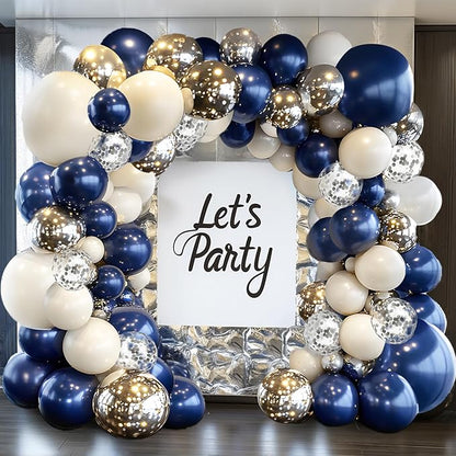Navy Blue Silver Balloon Arch Kit, Pearl White, Different Size | Double Stuffed by PUFFLD
