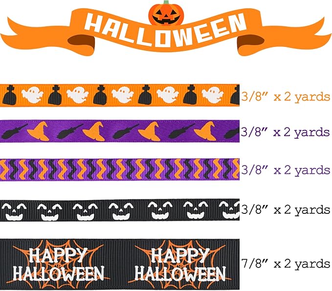 3/8 inch 1 inch Halloween Ribbon Set Spooky October Ribbon Assortment 5 Rolls - Image 2