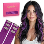 WENNALIFE Purple Clip in Hair Extensions Real Human Hair 35g 6pcs 14 Inch Colored Hair Extensions for Kids Women Colorful Hair Pieces Pop-up Style Straight Extensiones De Cabello Humano Con Clip