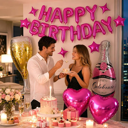 Hot Pink Happy Birthday Balloons Banner, Star Heart Balloons, Champagne Bottle - Image 3