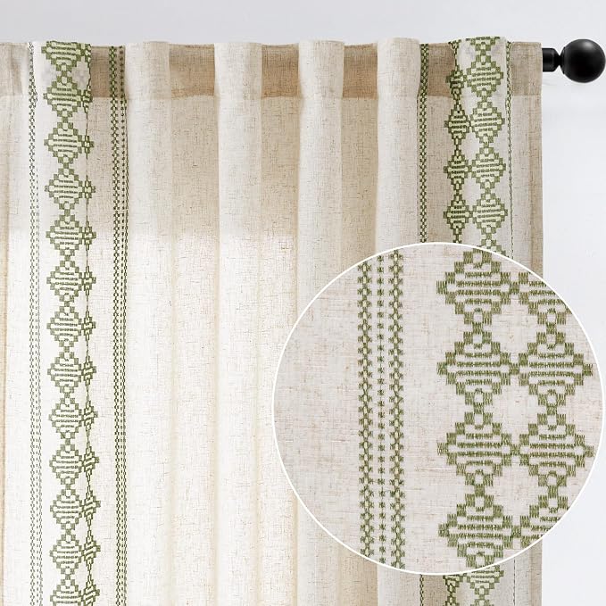jinchan Floral Linen Curtains Embroidered Back Tab 50x63in 2 Panels Green | - Image 9