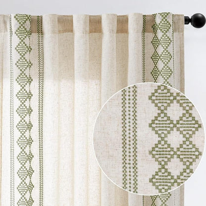 jinchan Floral Linen Curtains Embroidered Back Tab 50x63in 2 Panels Green | - Image 9