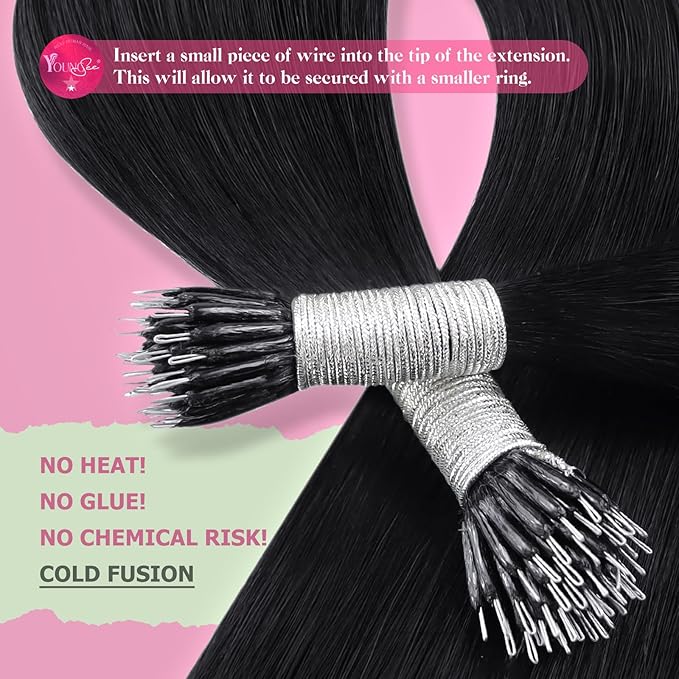 YoungSee Nano Ring Hair Extensions Human Hair 24 Inch Nano Beads Hair Extensions Black Nanoring Hair Extension Real Human Hair Cold Fusion Nano-Tip Hair Extension Jet Black Hair 50s 50g