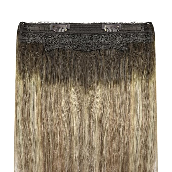YoungSee Wire Hair Extensions Real Human Hair Brown Balayage Hair Extensions Invisible Wire Dark Roots to Light Brown with Blonde Reusable One Piece Hair Extension Easy to Wear 18Inch 80G