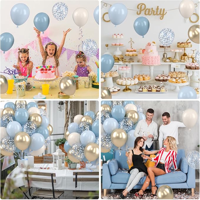 Dusty Blue and Gold Balloons, 12 Inch Blue Gold Balloons, Retro Fog Blue - Image 8