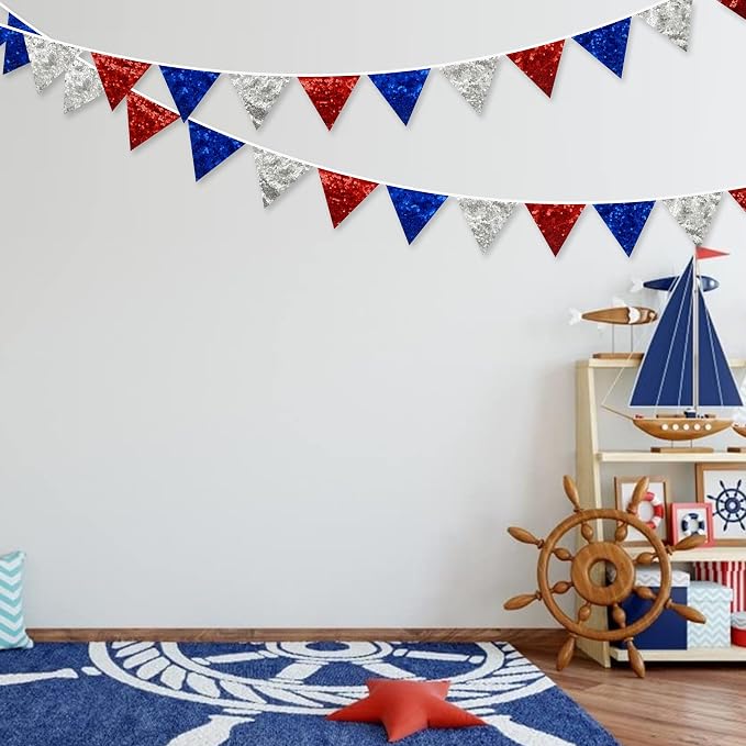pinkblume Red Blue Silver Decorations Double Sided Sequin Fabric Triangle - Image 3