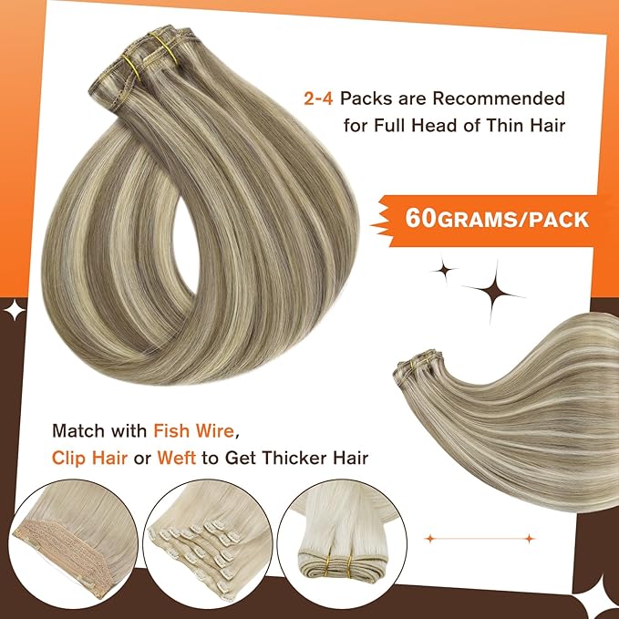 Full Shine Real Hair Extensions Clip in Human Hair Double Weft Blonde Human Hair Extensions Brown with Blonde Highlights Clip in Human Hair Remy Straight Hair 14 Inch 3 PCS 60 Grams