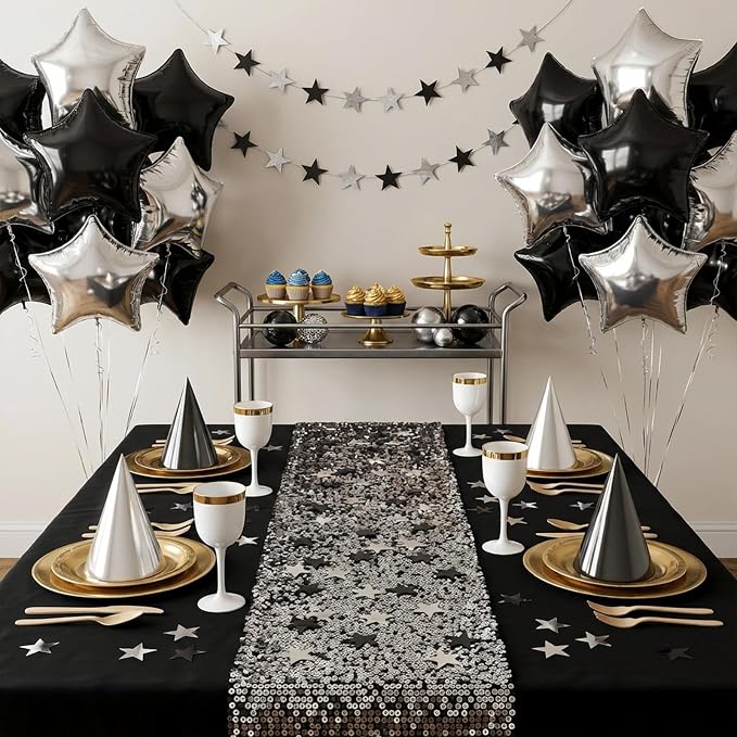 Black Silver Star Foil Balloons, 18 Inch Metallic Black and Silver Stars Balloon - Image 4