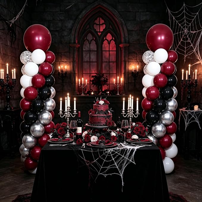 Burgundy Silver Black Balloon Column Stand Kit of 2 | 102Pcs Maroon Balloons - Image 2
