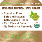 100% Organic Henna Hair Color – Natural, Chemical-Free Hair Dye for Rich, Vibrant Color & Gloss – Grey Coverage, Safe for All Hair Types, Vegan Non-Toxic, Herbal Hair Treatment (MEDIUM BLONDE)