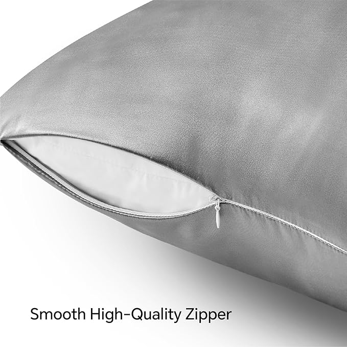 BEDELITE Satin Pillowcase with Zipper 2 Pack, Grey Pillow Cases Standard Size, Super Soft and Cooling Similar to Silk Pillow Cases, Gift for Women Men(20x26 Inches)
