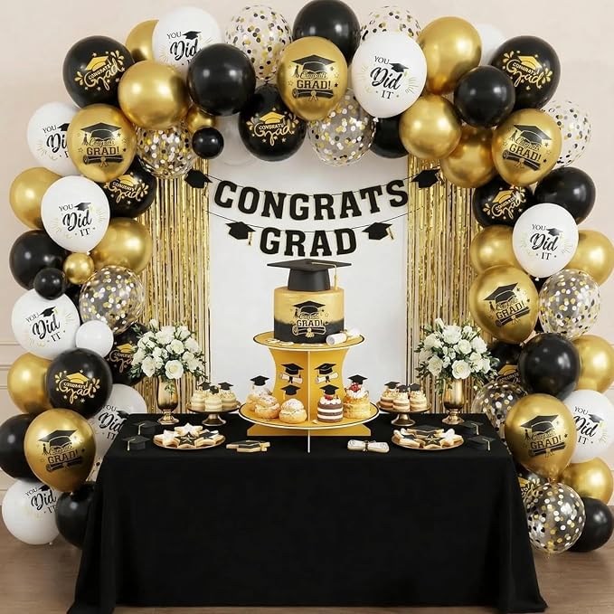 FunHot Black Gold Graduation Balloons, 12 Inch Black Gold White Confetti Grad - Image 4