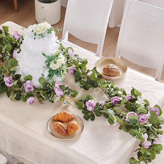 Artificial Flower Garland 2pcs 5.4ft Floral Rose Vine Decor, Hanging Faux Roses by PONKING