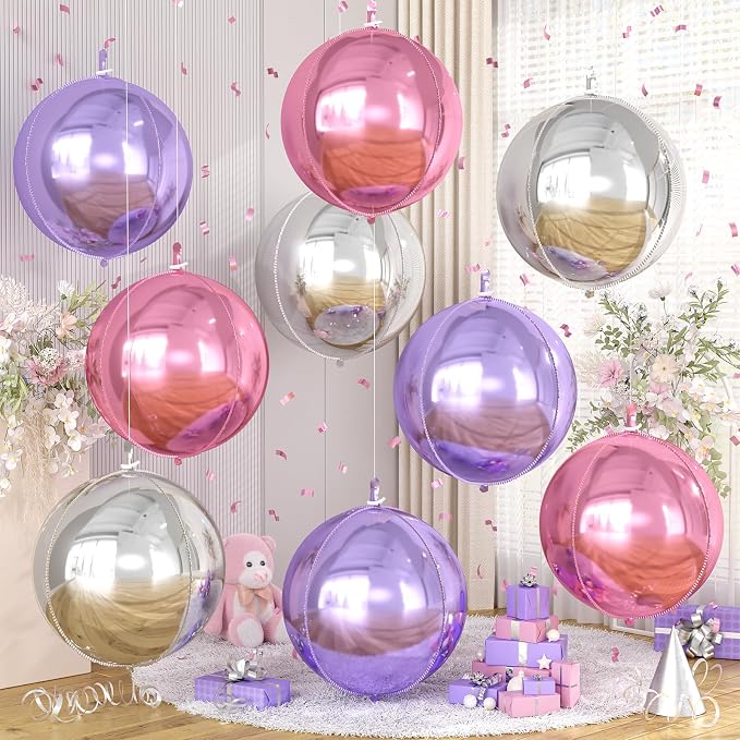 Pink Purple Silver Round Foil Balloons 9 pcs, Metallic Giant 4D Round Balloons by Cledeco