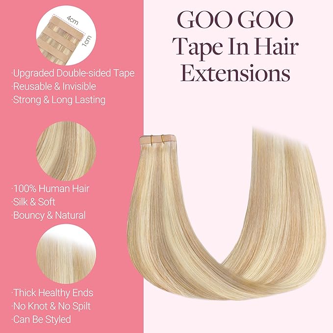 GOO GOO Tape in Hair Extensions Human Hair, 18F/60A Balayage Light Wheat Platinum Blonde, 22inch 50g 20pcs, Skin Weft Seamless Invisible, Silky Straight with Thick Ends, Remy Human Hair