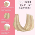 GOO GOO Tape in Hair Extensions Human Hair, 18F/60A Balayage Light Wheat Platinum Blonde, 24inch 50g 20pcs, Skin Weft Seamless Invisible, Silky Straight with Thick Ends, Remy Human Hair