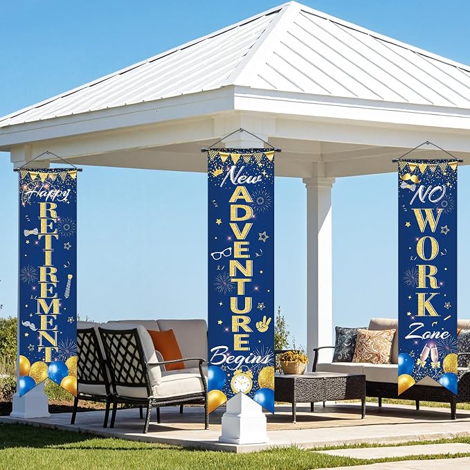 3Pcs Retirement Porch Sign Door Hanging Banner Navy Blue Gold Happy Retirement - Image 6