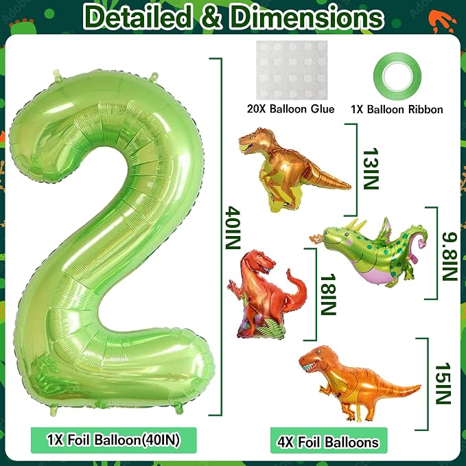 Dinosaur 2nd Birthday Decorations 40 Inch Giant Green Number 2 Foil Balloon | - Image 2