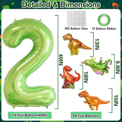 Dinosaur 2nd Birthday Decorations 40 Inch Giant Green Number 2 Foil Balloon | - Image 2