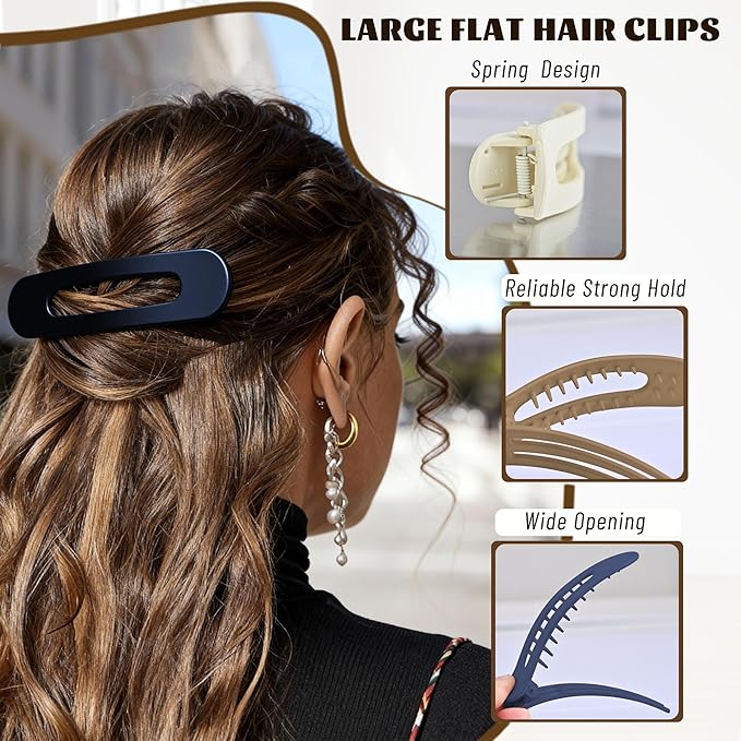 4 Pcs Flat Hair Clips for Women - Large Matte Flat Claw Clips for Thin Hair, Stylish Hair Accessories for Daily Styling, Matte Series (Navy Blue, Coffee, Gray Blue, Beige)