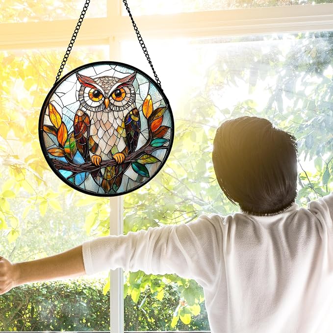 DASTOLL Stained Glass Window Hanging, Owl Colorful Leaves Birds Sun Catchers - Image 2