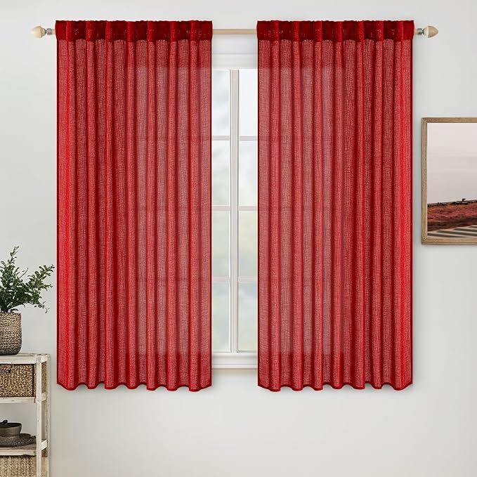 MIULEE Red Linen Short Curtains 52x63 Inch Long 2 Panel by MIULEE