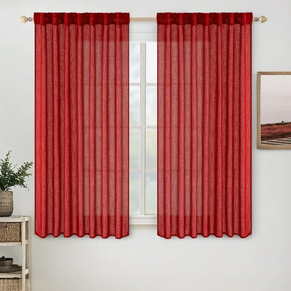 MIULEE Red Linen Short Curtains 52x63 Inch Long 2 Panel by MIULEE