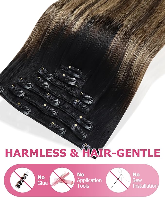 YoungSee Balayage Clip in Hair Extensions Ombre Clip in Hair Extensions Real Human Hair Black Fading to Brown with Caramel Blonde Short Straight Hair Extension Clip ins 85G 7Pcs 12In