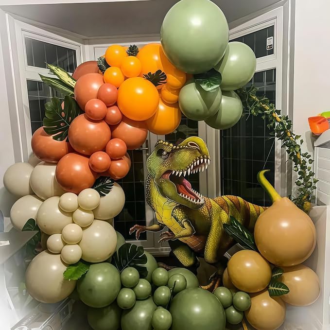 113 PCS Dinosaur Balloons Garland Arch Kit, Sage Green Orange Brown Balloons - Image 3